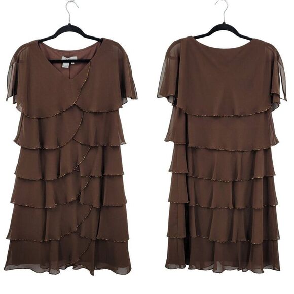Vintage Sheer Chiffon Tiered Flutter Sleeve Cocktail Dress 10P Brown Beaded - Picture 1 of 9